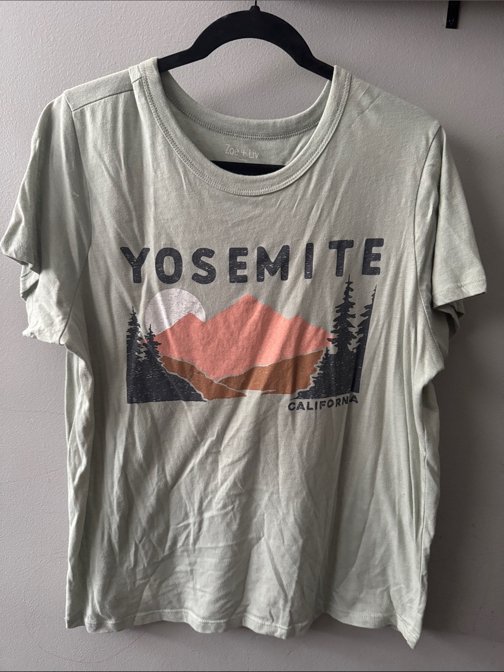 Zoe + Liv Sage Yosemite Graphic Tee with Coral and Rust Mountains